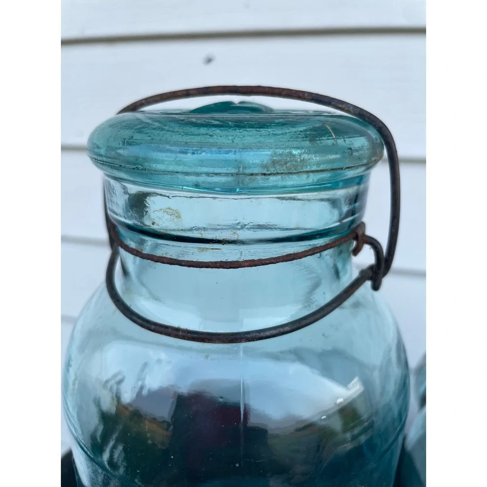 Atlas E-Z Seal Vintage Aqua Blue Glass Mason Jars Wire Bail Set of 3